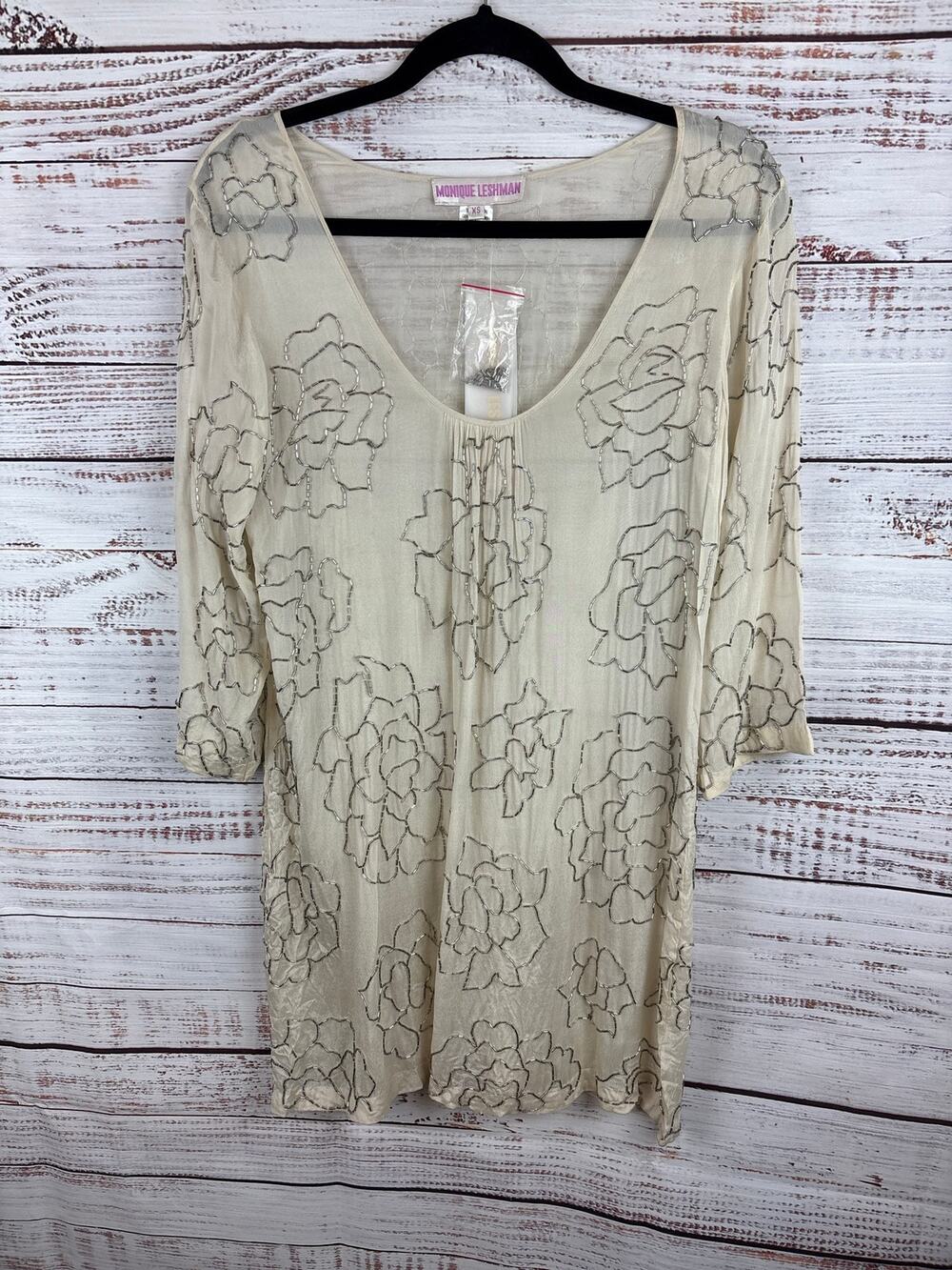 Womens Monique Leshman Beige Silver Beaded Sheer Mini Dress 3/4 Sleeve Party XS